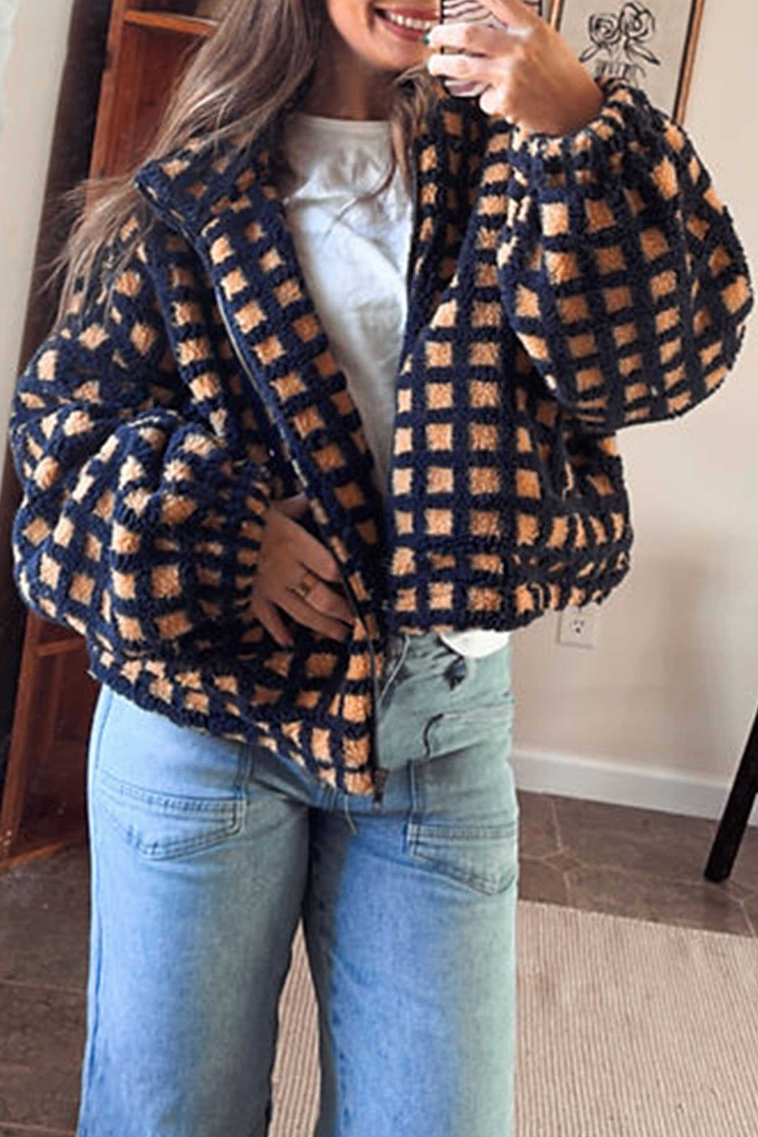 Blue Plaid Sherpa Fleece Zip Up Jacket
