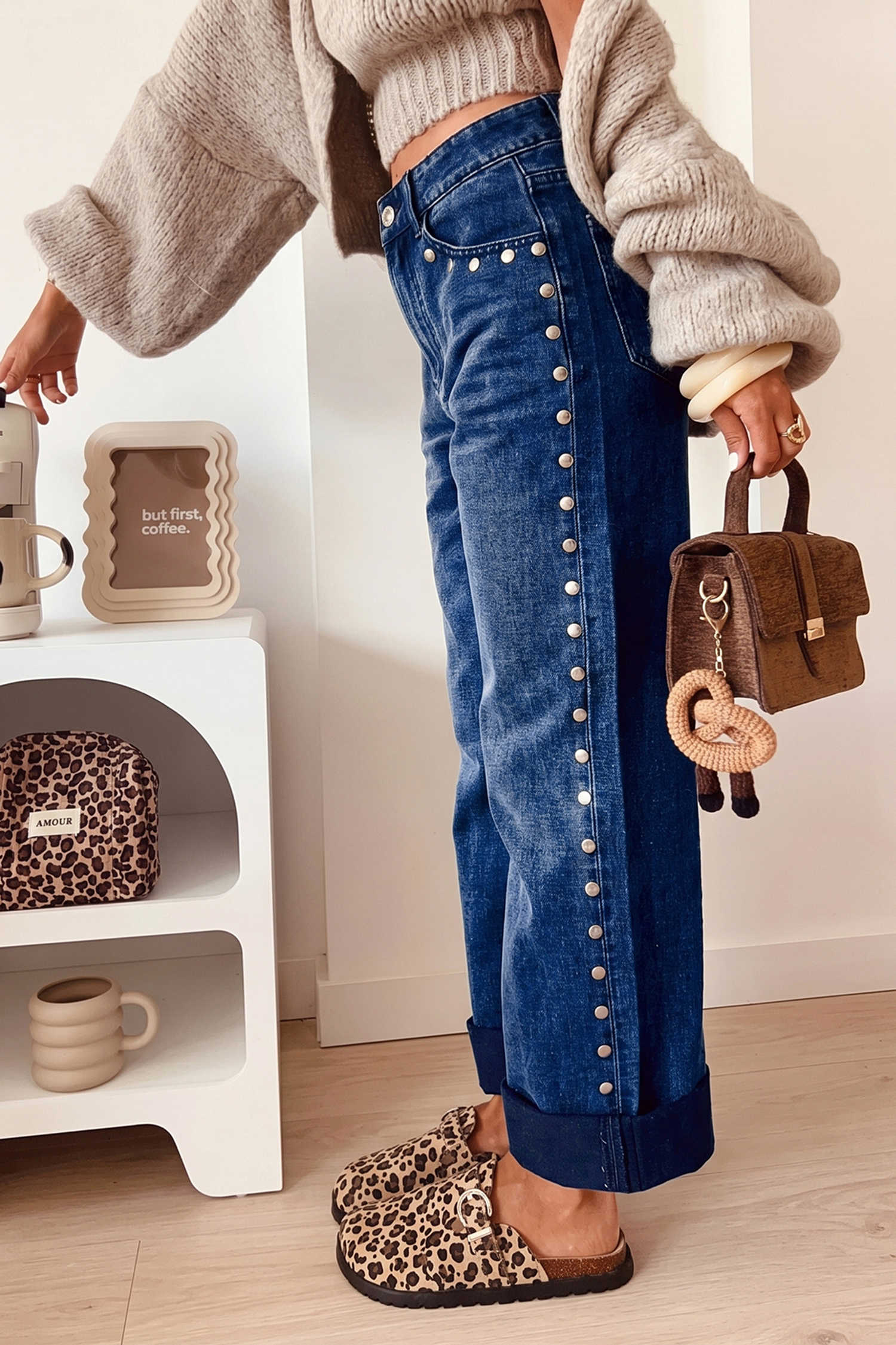 Navy Blue Studded Detail Straight Leg Casual Loose Jeans