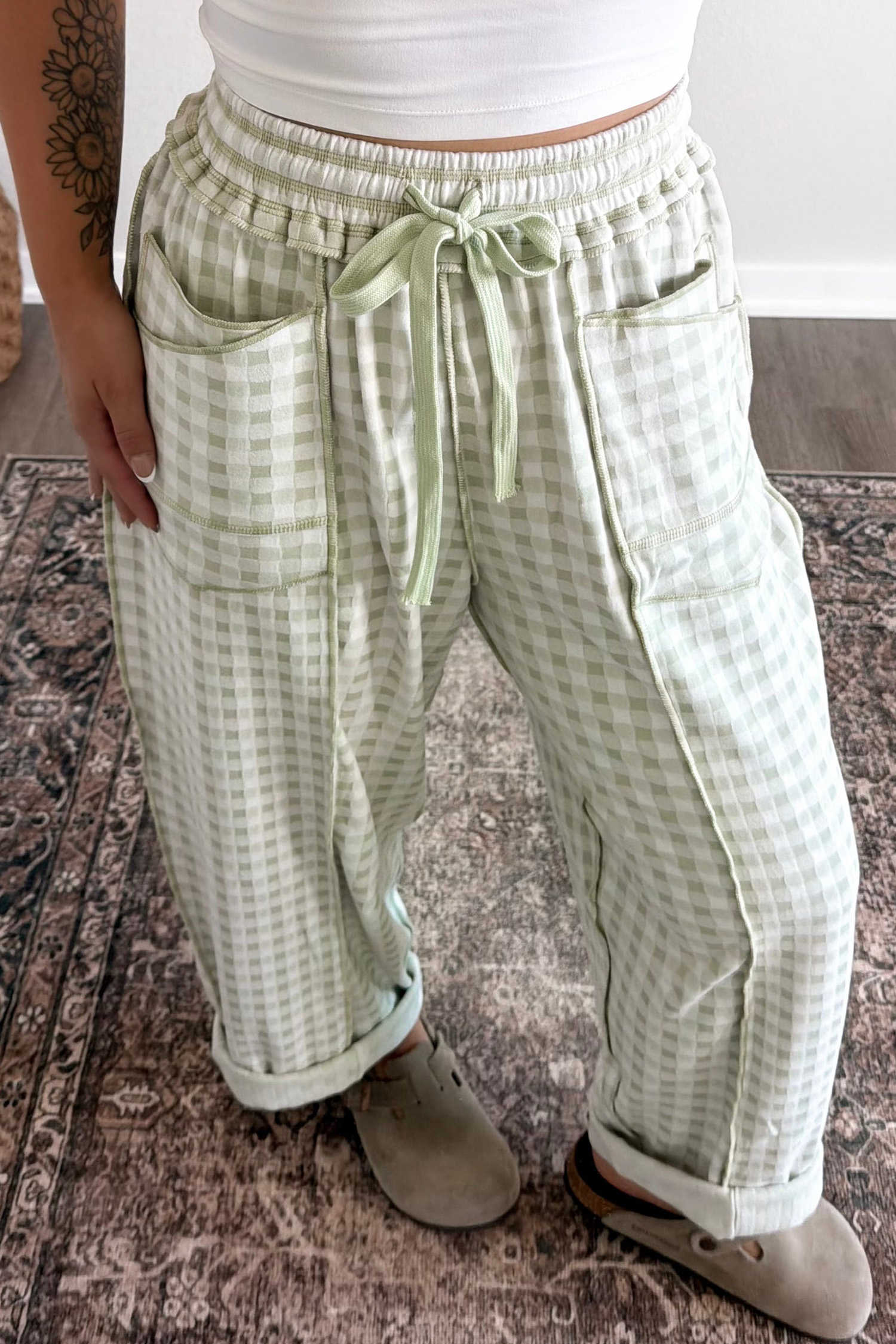 Green Plaid Contrast Trim Drawstring Elastic Waist Shift Pants