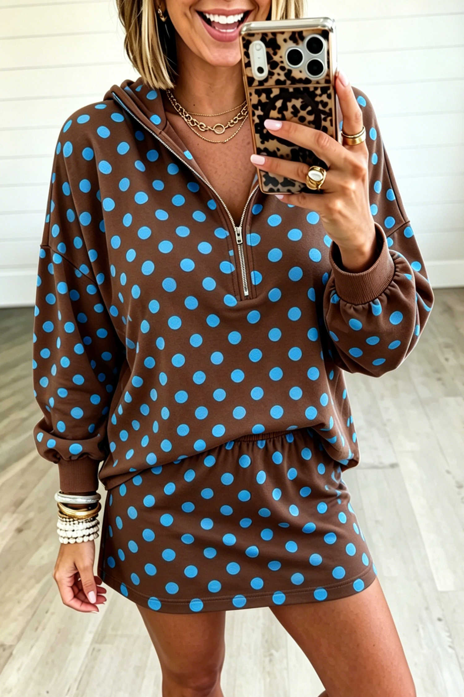 Brown Polka Dot Hooded Long Sleeve Top Casual Mini Skort Set