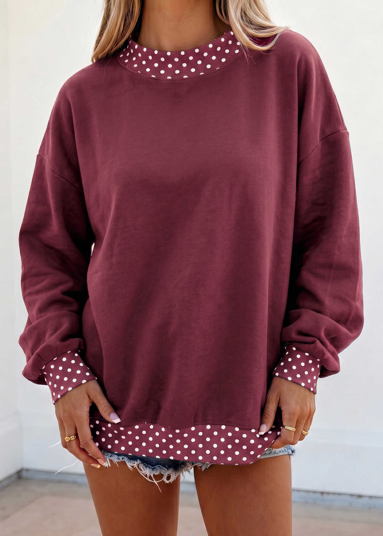 Burgundy Colorblock Polka Dot Contrast Trim Oversized Sweatshirt