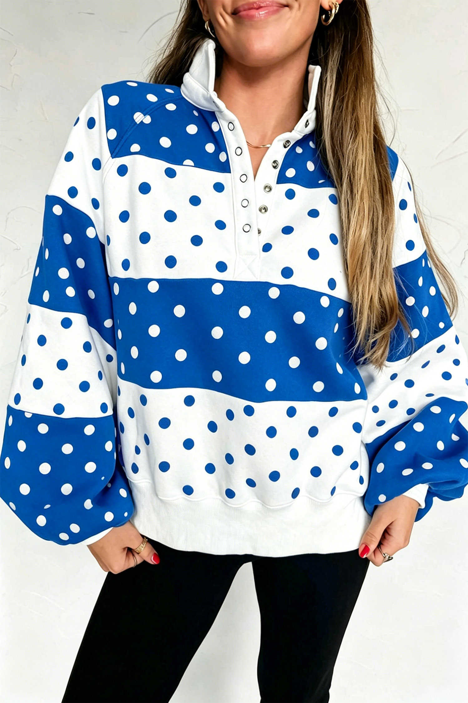 Blue Polka Dot Colorblock Half Zip Puff Sleeve Pullover Sweatshirt