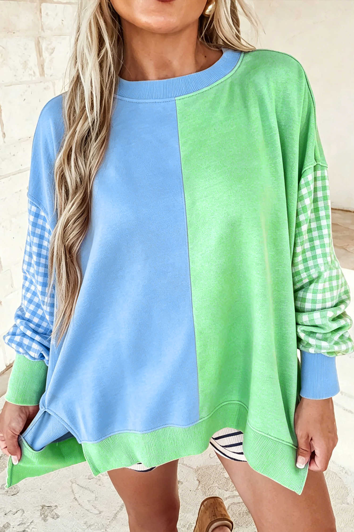 Light Blue Colorblock Gingham Sleeve Crewneck Sweatshirt