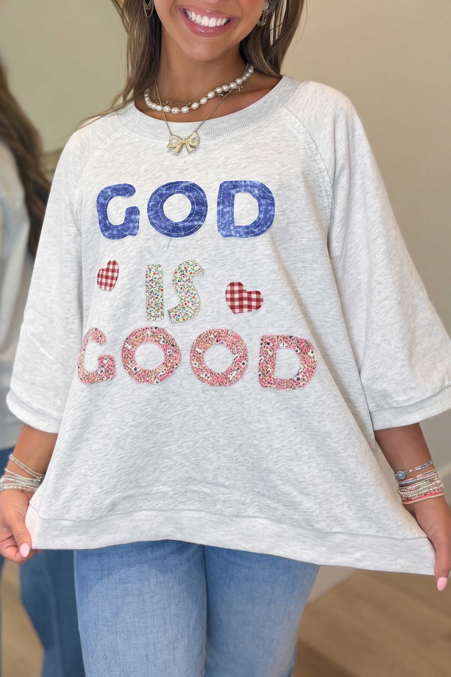 Light Grey GOD IS GOOD Patchwork Applique Relaxed 3/4 Sleeve Tunic Top