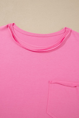 Strawberry Pink Raw Edge Patch Pocket Oversized Top and Shorts Set