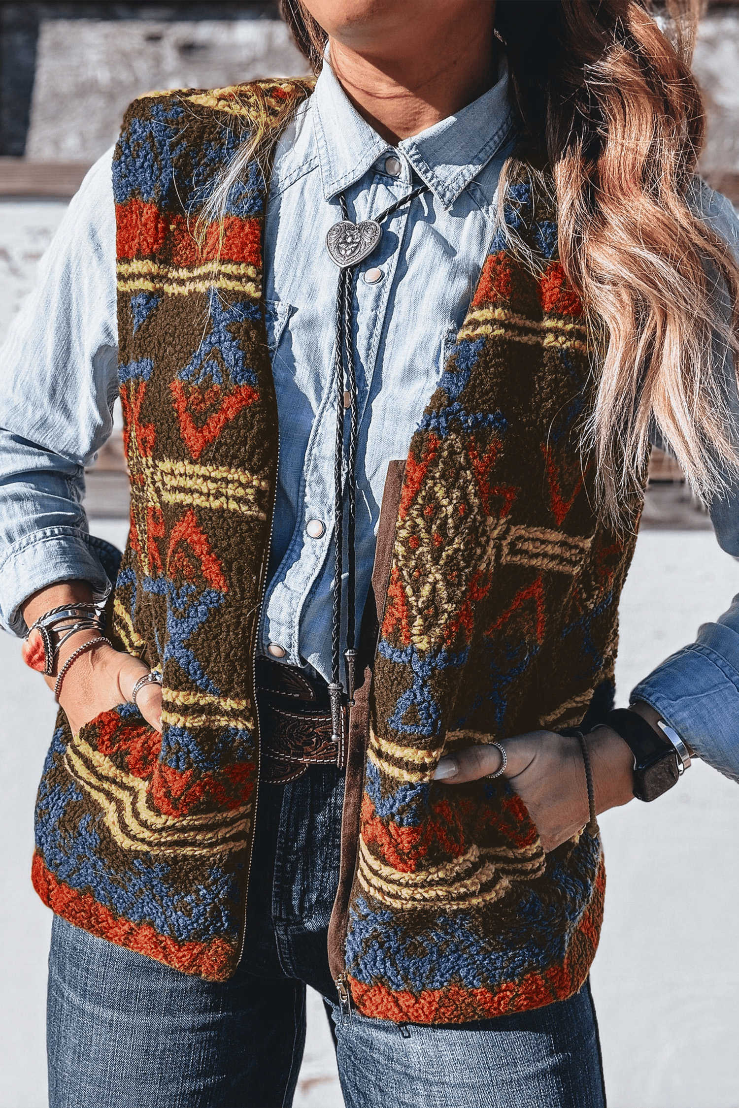 Multicolour Western Print Faux Fur Metal Zipper Insert Pockets Sleeveless Vest
