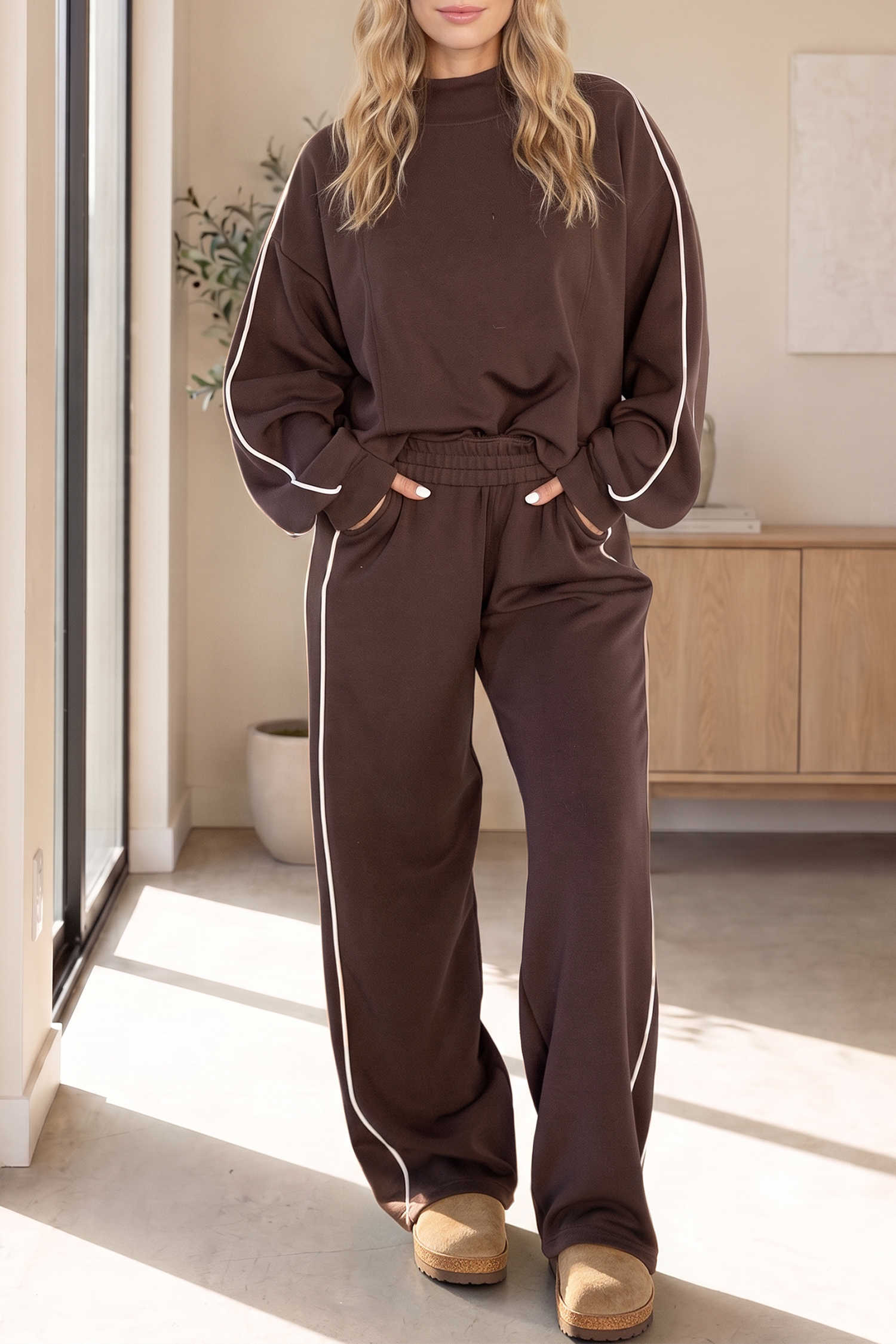 Coffee Sporty Piping Trim Mock Neck Pullover Relaxed 2pcs Pant Set