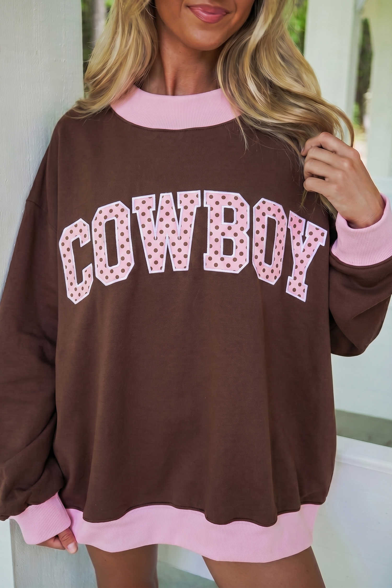 Coffee Polka Dot Letter Graphic Colorblock Mock Neck Tunic Sweatshirt