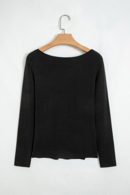 Black Lace Trim Elegant Neckline Long Sleeve Slim Top