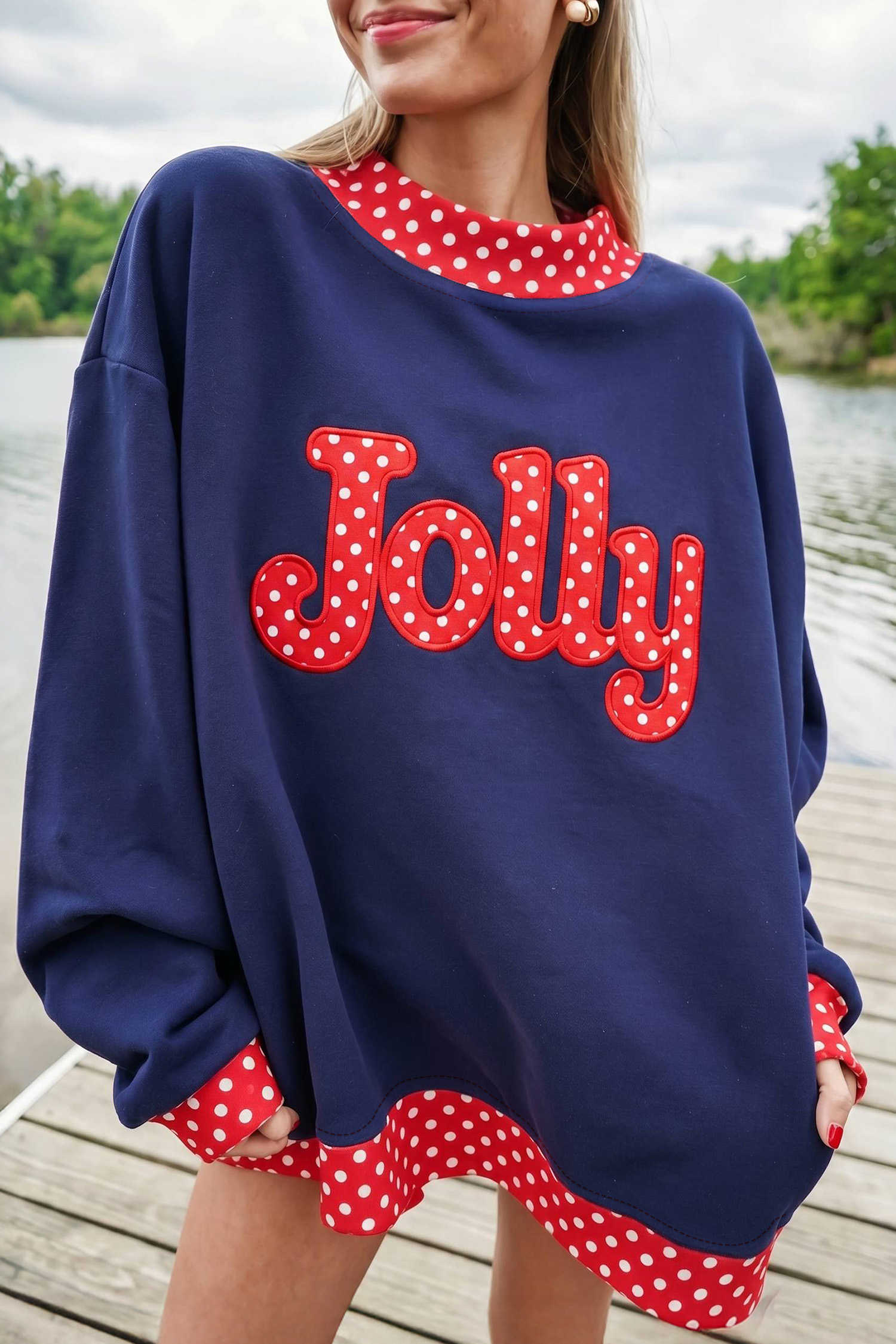 Dirty blue Polka Dot Letter Print Contrast Trim Mock Neck Sweatshirt