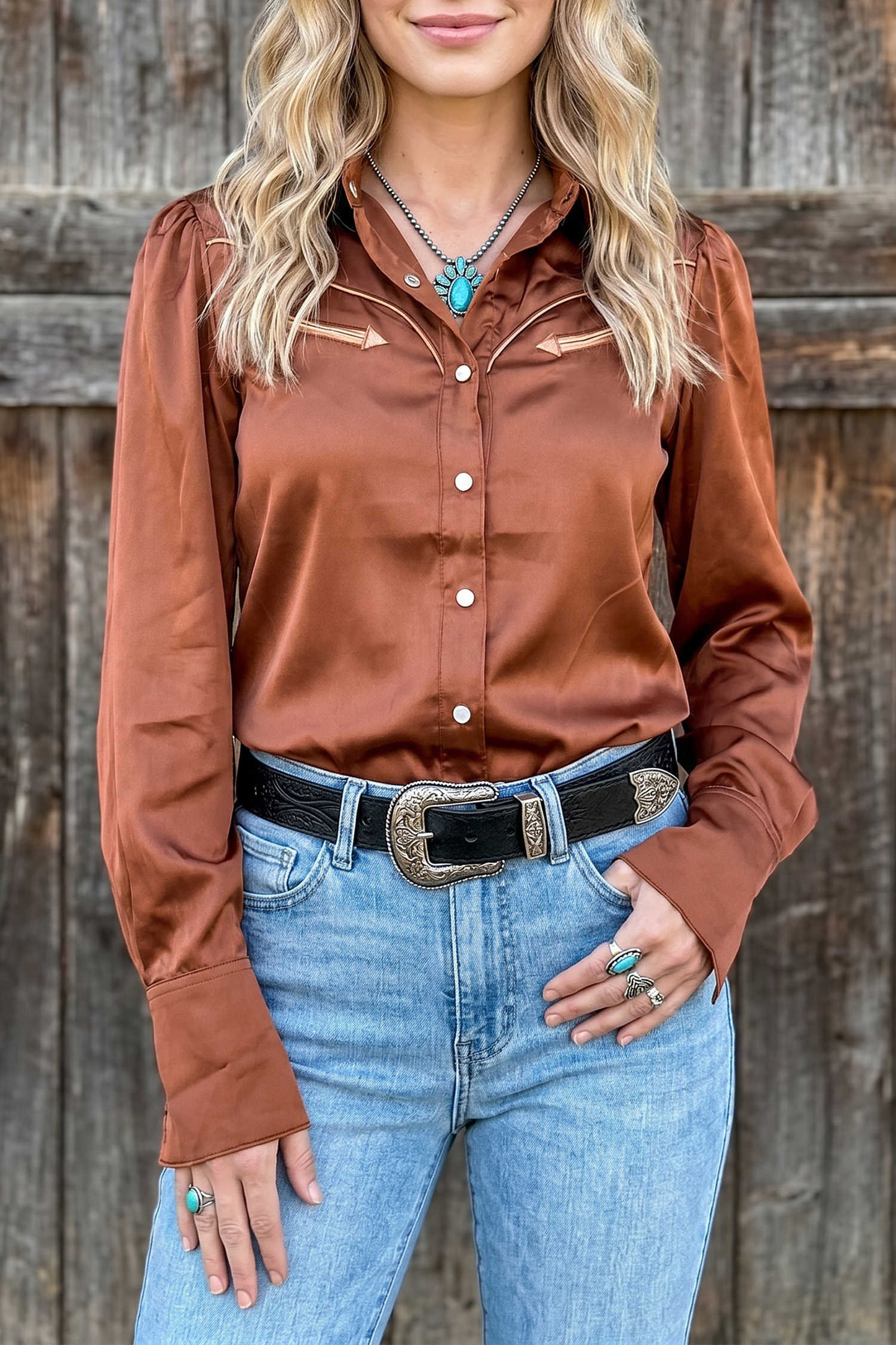 Cinnamon Silky Long Sleeve Button Front Western Fashion Shirt