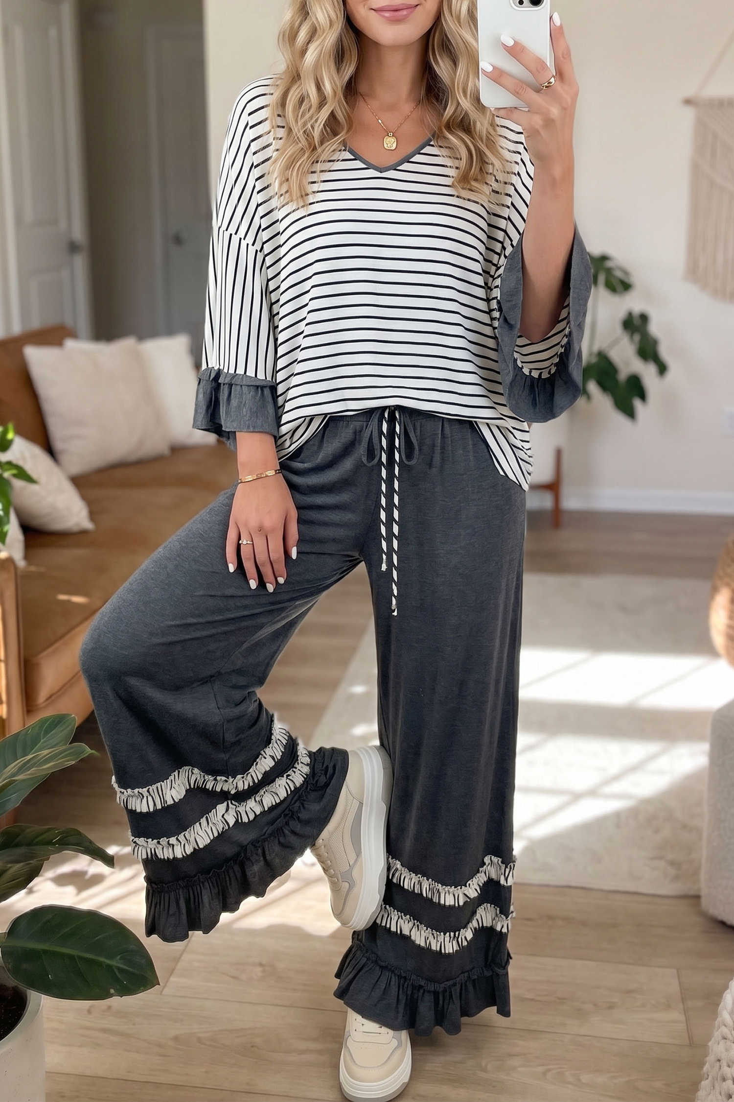 Gray Stripe V Neck Ruffle Contrast Sleeve Drawstring Pants 2pcs Set