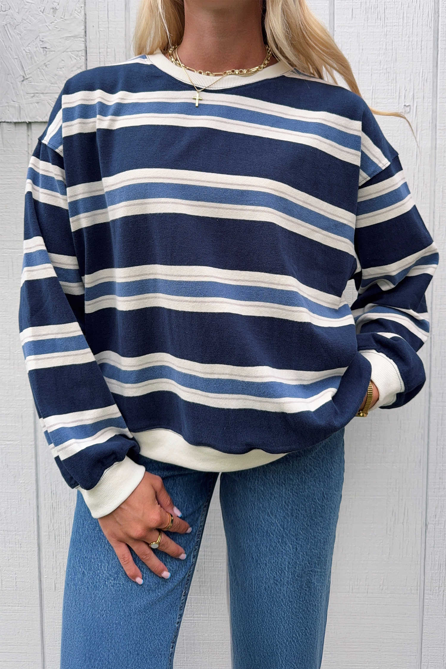 Blue Stripe Ribbed Color Block Trim Round Neck Dropped Shoulder Sweatshirt