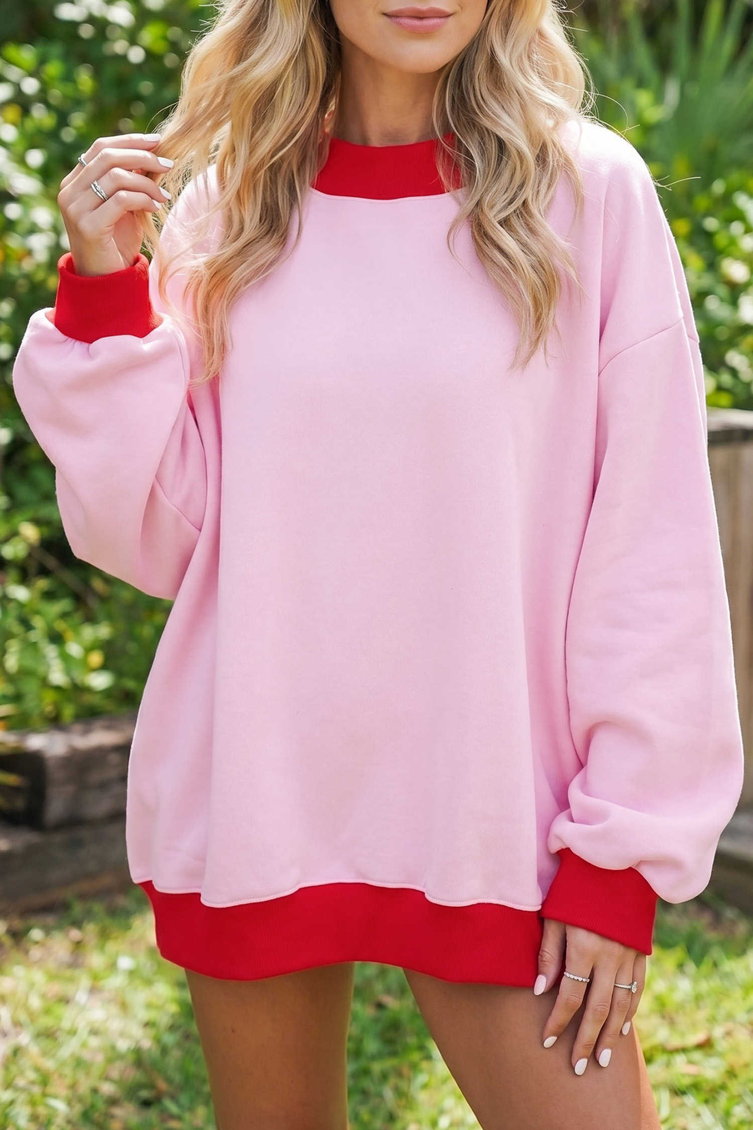 Pink Colorblock Trim Crewneck Long Sleeve Pullover Sweatshirt