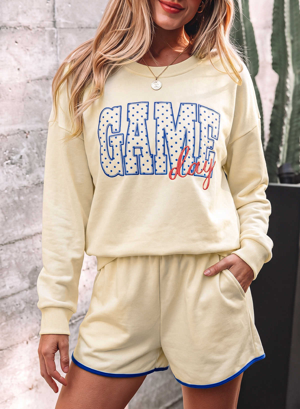 Beige Game Day Crewneck Long Sleeve Pullover Athleisure Short Sets