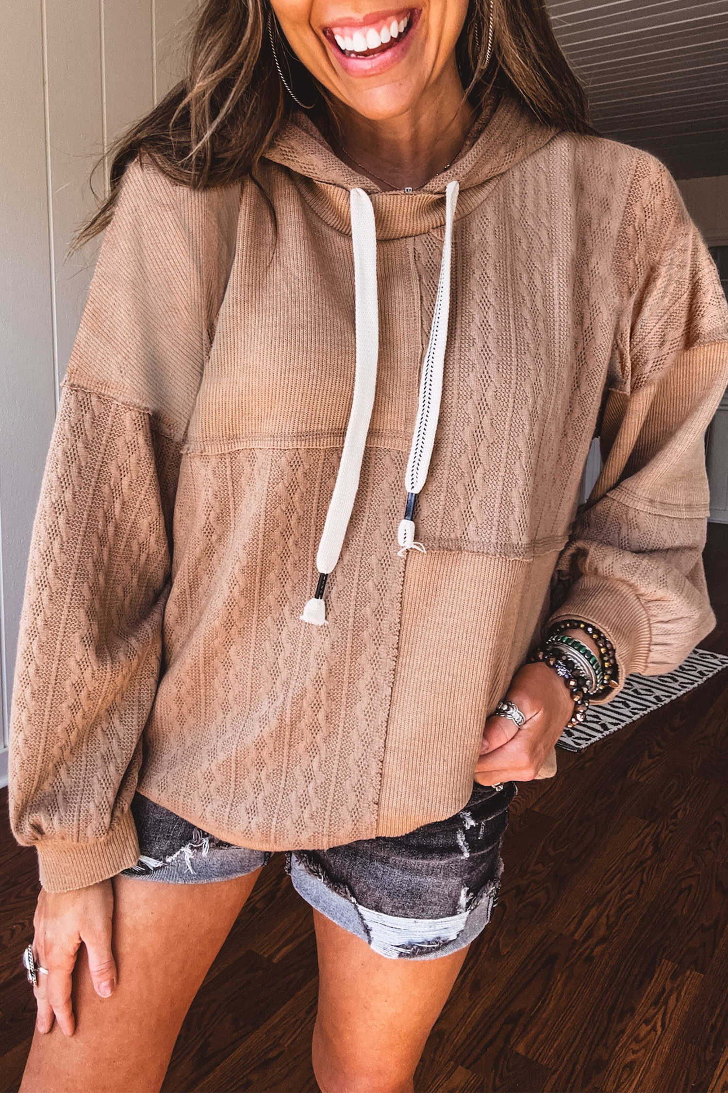 Straw Yellow Ribbed Mix Texture Patchwork Drawstring Hood Long Sleeve Top
