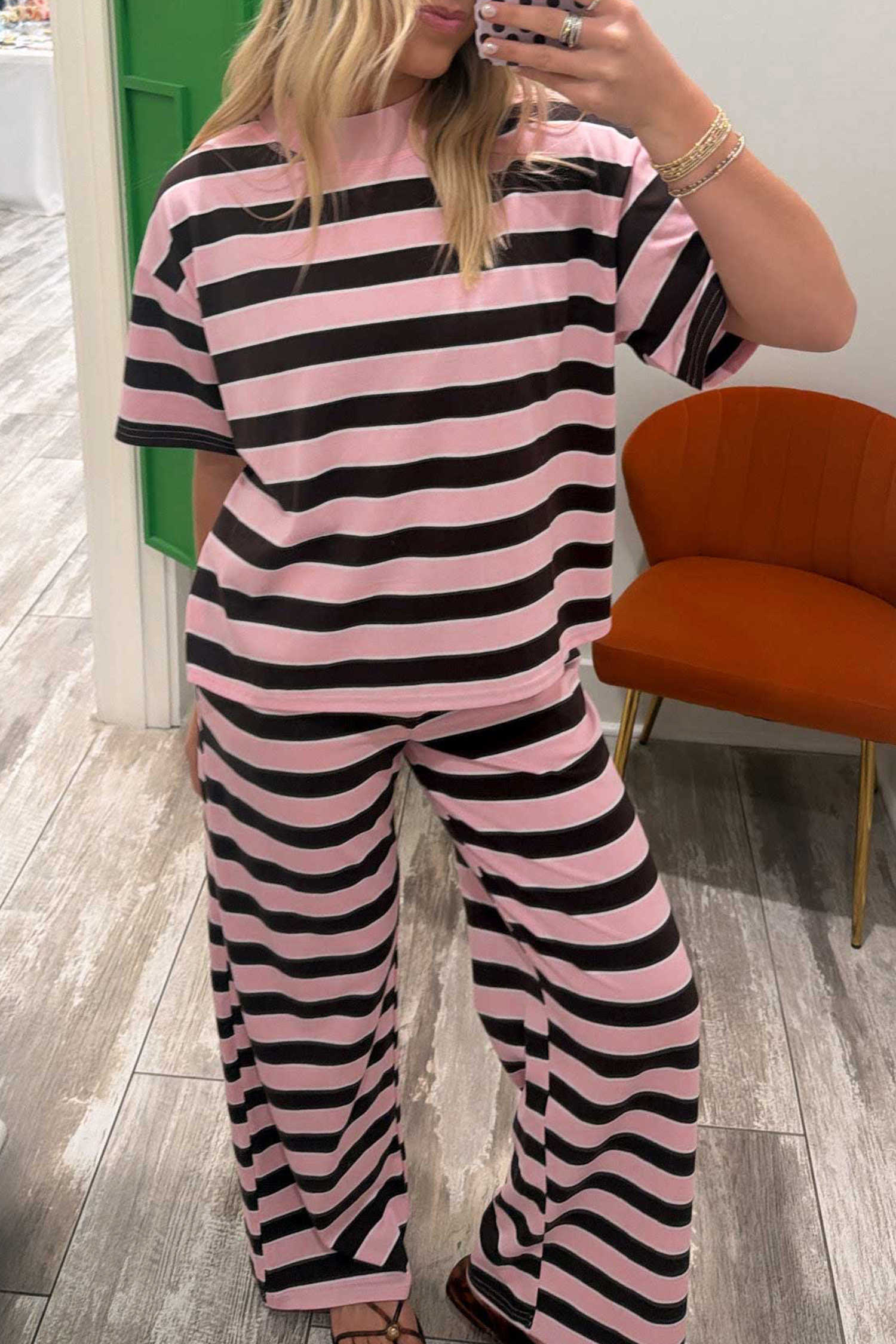 Pink Stripe Mock Neck Loose Tee and Pants Two Piece Set