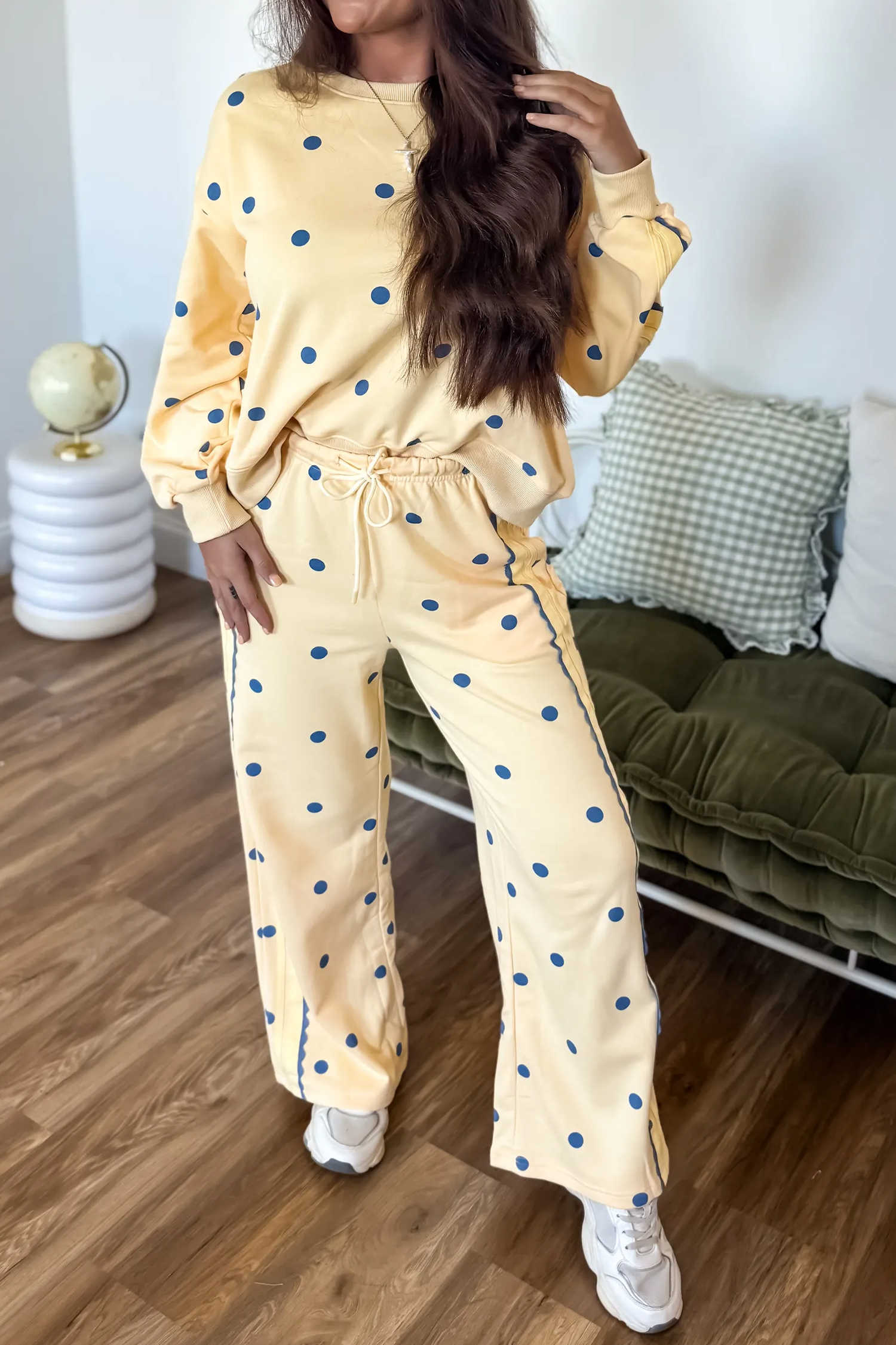 Yellow Polka Dot Long Sleeve Top Patchwork Detail Loose Pant Set