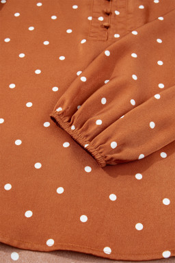 Brown Polka Dot Half Button V Neck Long Sleeve Blouse