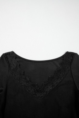 Black Lace Trim Elegant Neckline Long Sleeve Slim Top