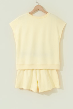 Yellow Cream Solid Color Tee Drawstring Shorts Comfy 2pcs Set