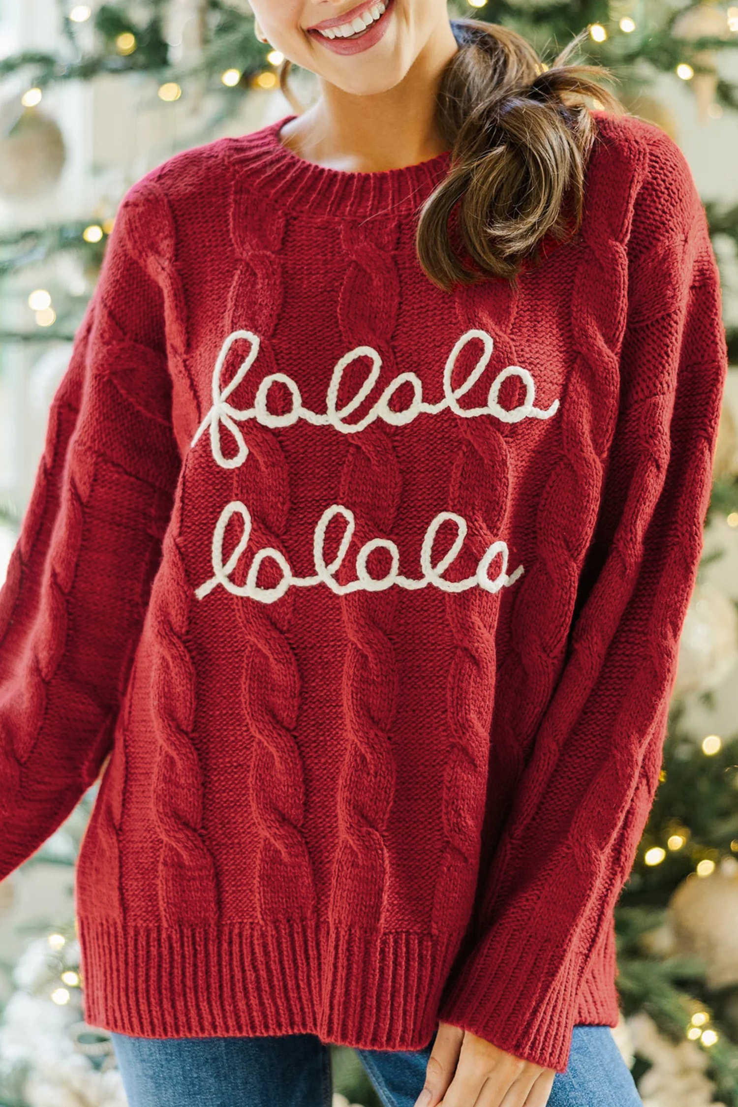 Fiery Red Falala Cable Knit Dropped Shoulder Pullover Sweater