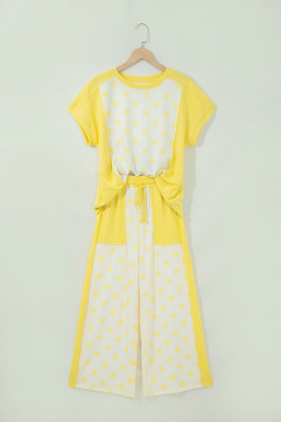 Yellow Color Block Patchwork Polka Dot Wide Leg Pant Set