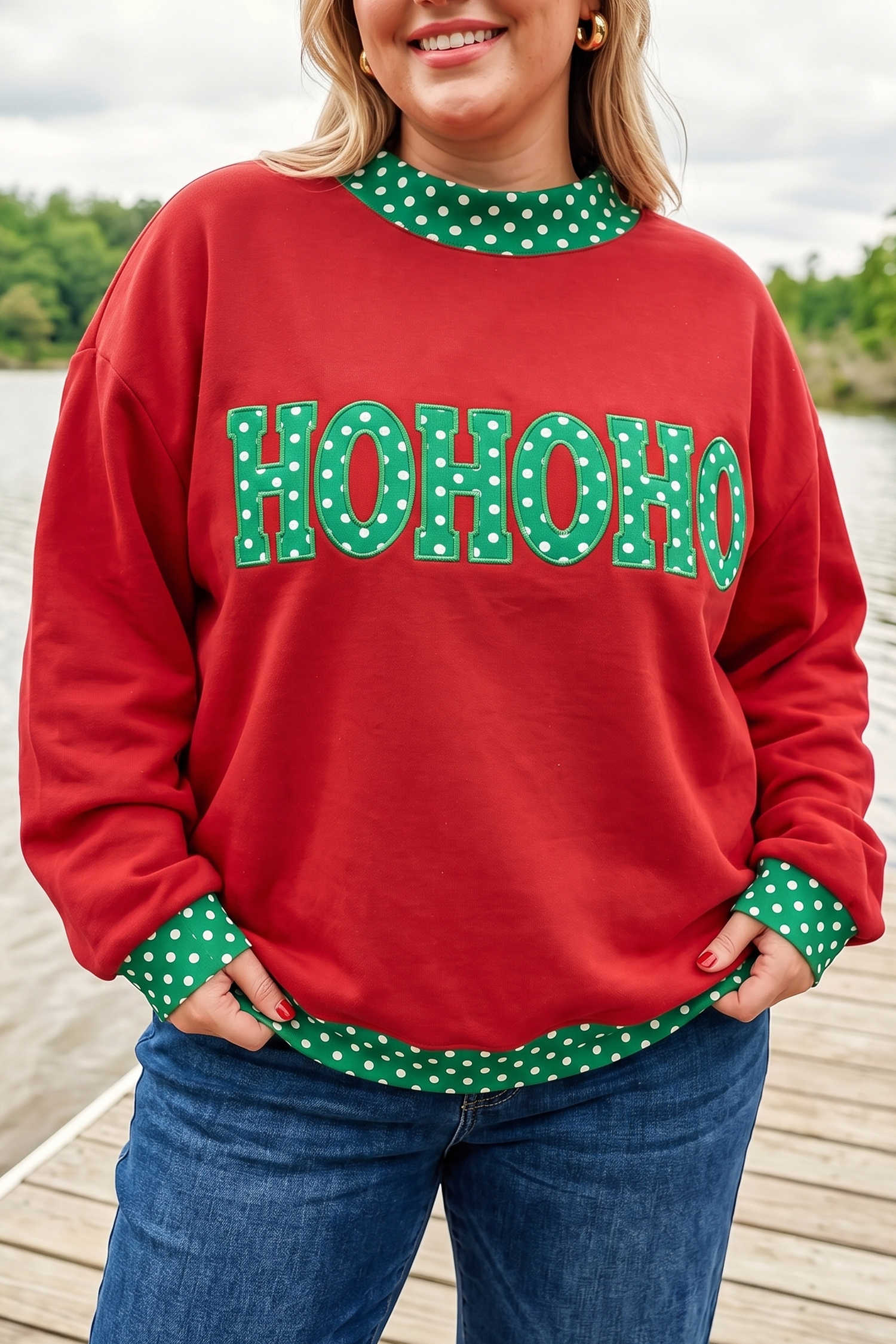 Fiery Red Casual Polka Dot Patchwork Letter Graphic Plus Size Sweatshirt