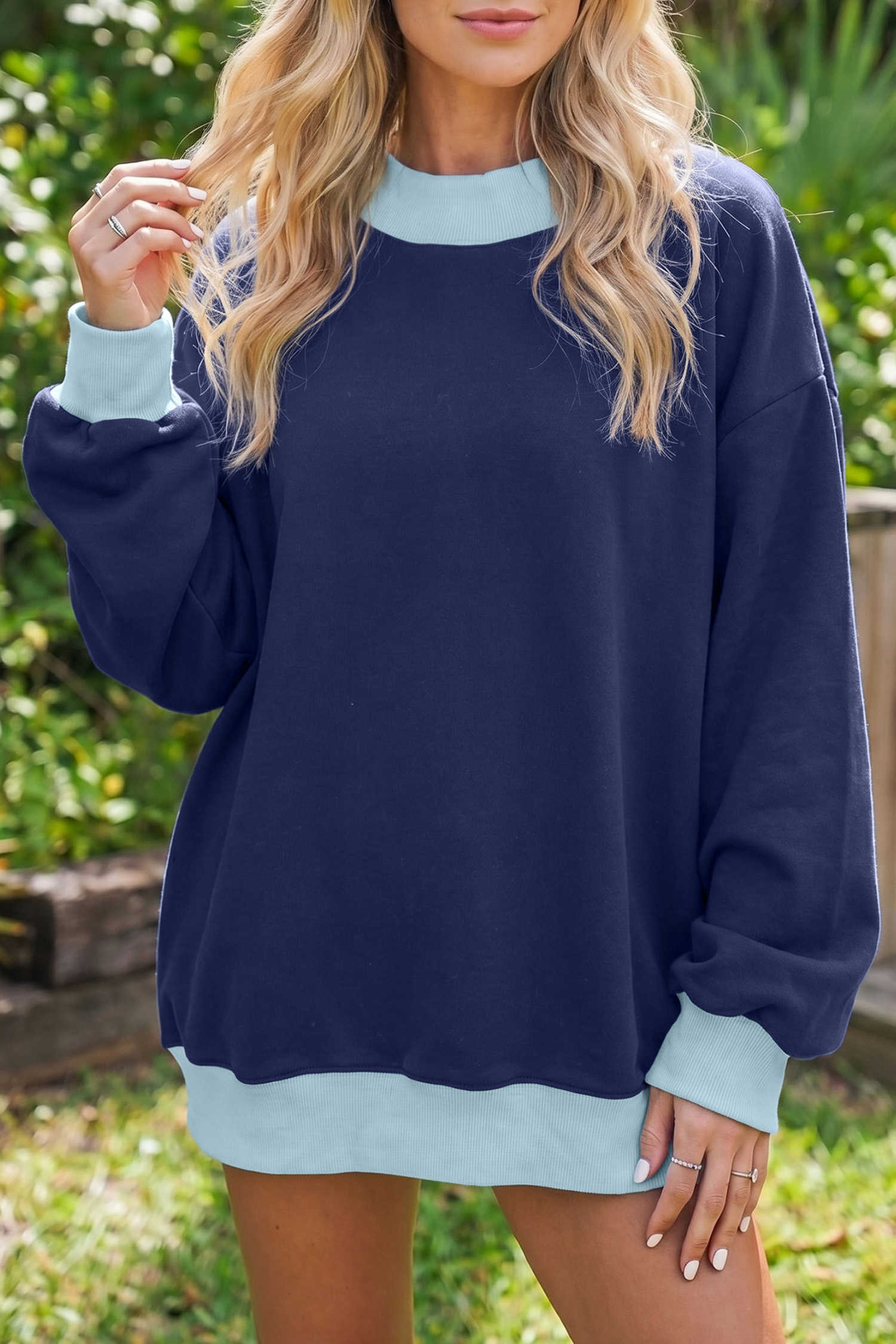 Dirty blue Colorblock Trim Crewneck Long Sleeve Pullover Sweatshirt