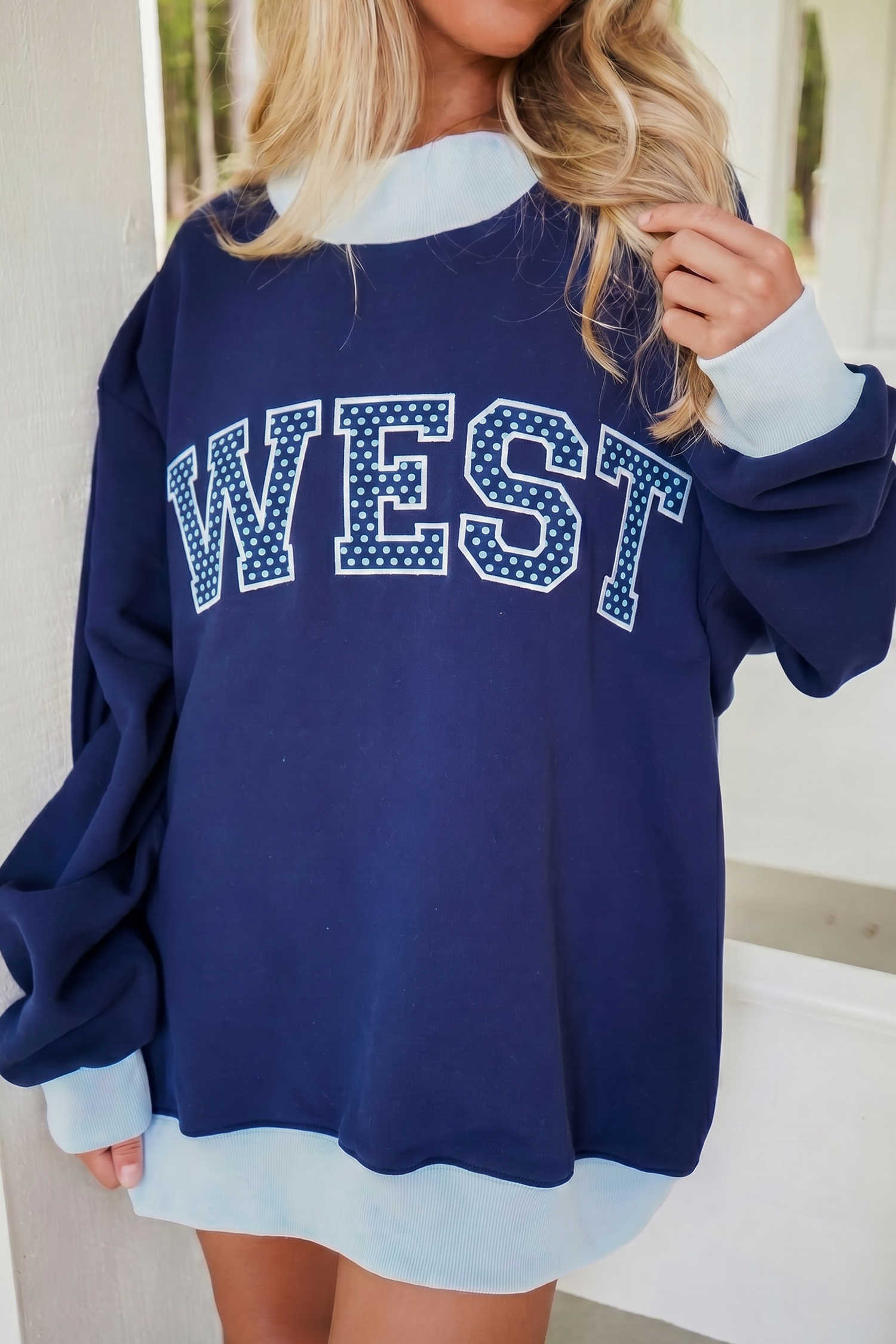 Dirty blue Polka Dot Letter Graphic Colorblock Mock Neck Tunic Sweatshirt