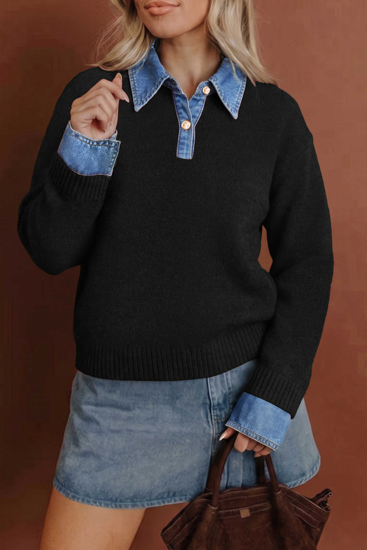 Black Denim Patchwork Collar Cuffed Casual Sweater