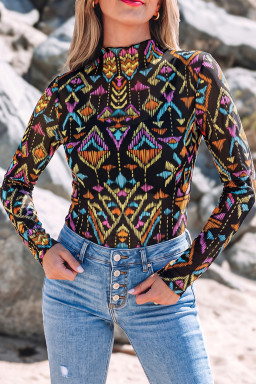 Color black Abstract Print Long Sleeve Stand Neck Mesh Top