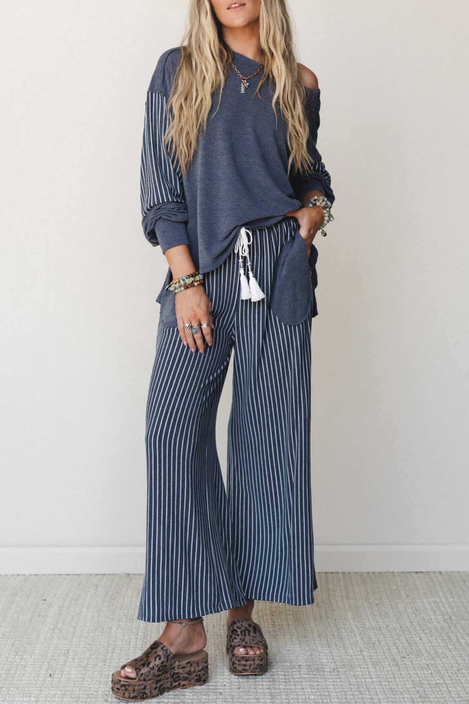 Real Teal Rae Edge Patchwork Long Sleeve Top Pocket Casual Pants 2pcs Set