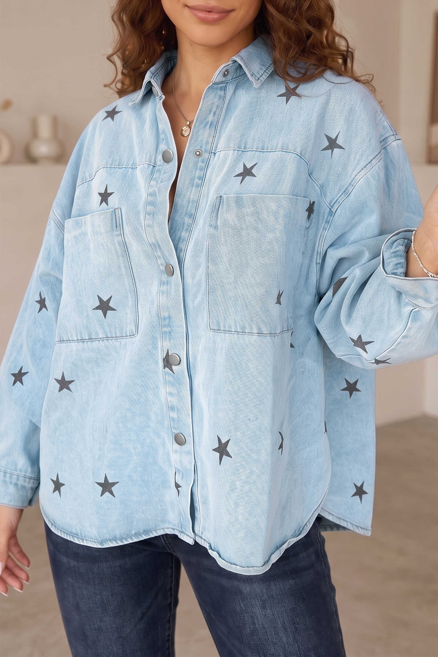 Sky Blue Stars Pattern Long Sleeve Shirt Collar Denim Jacket