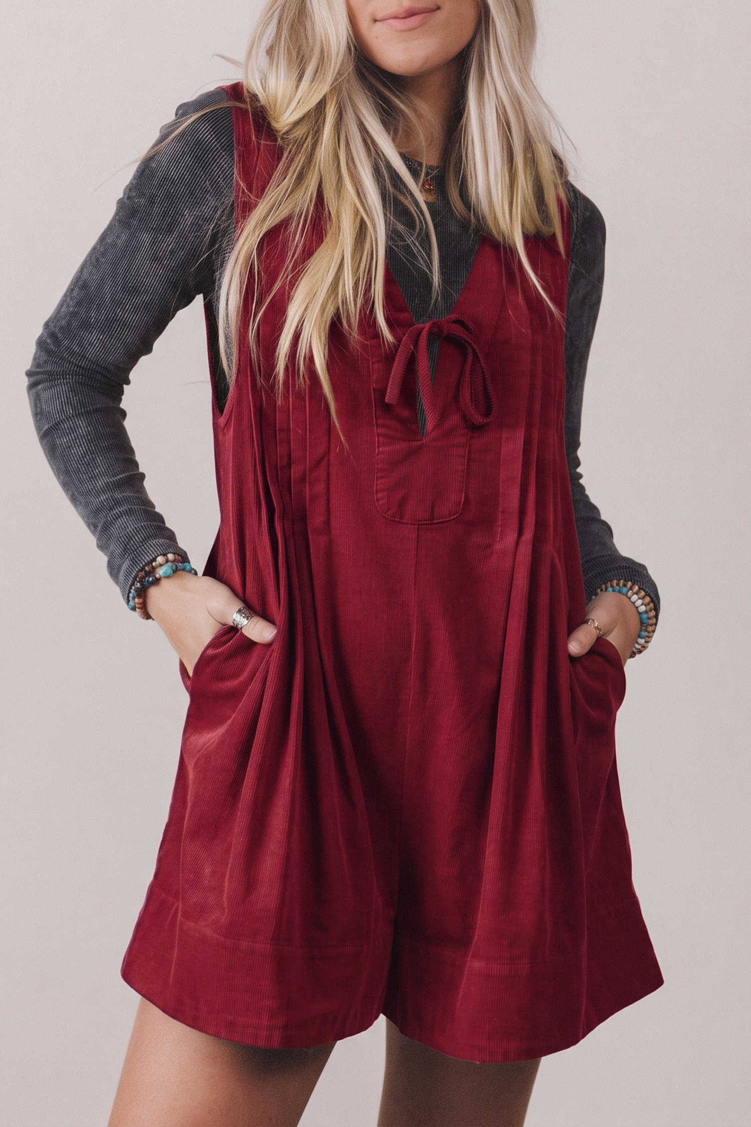 Red Dahlia Solid Color Tie V Neck Sleeveless Corduroy Romper