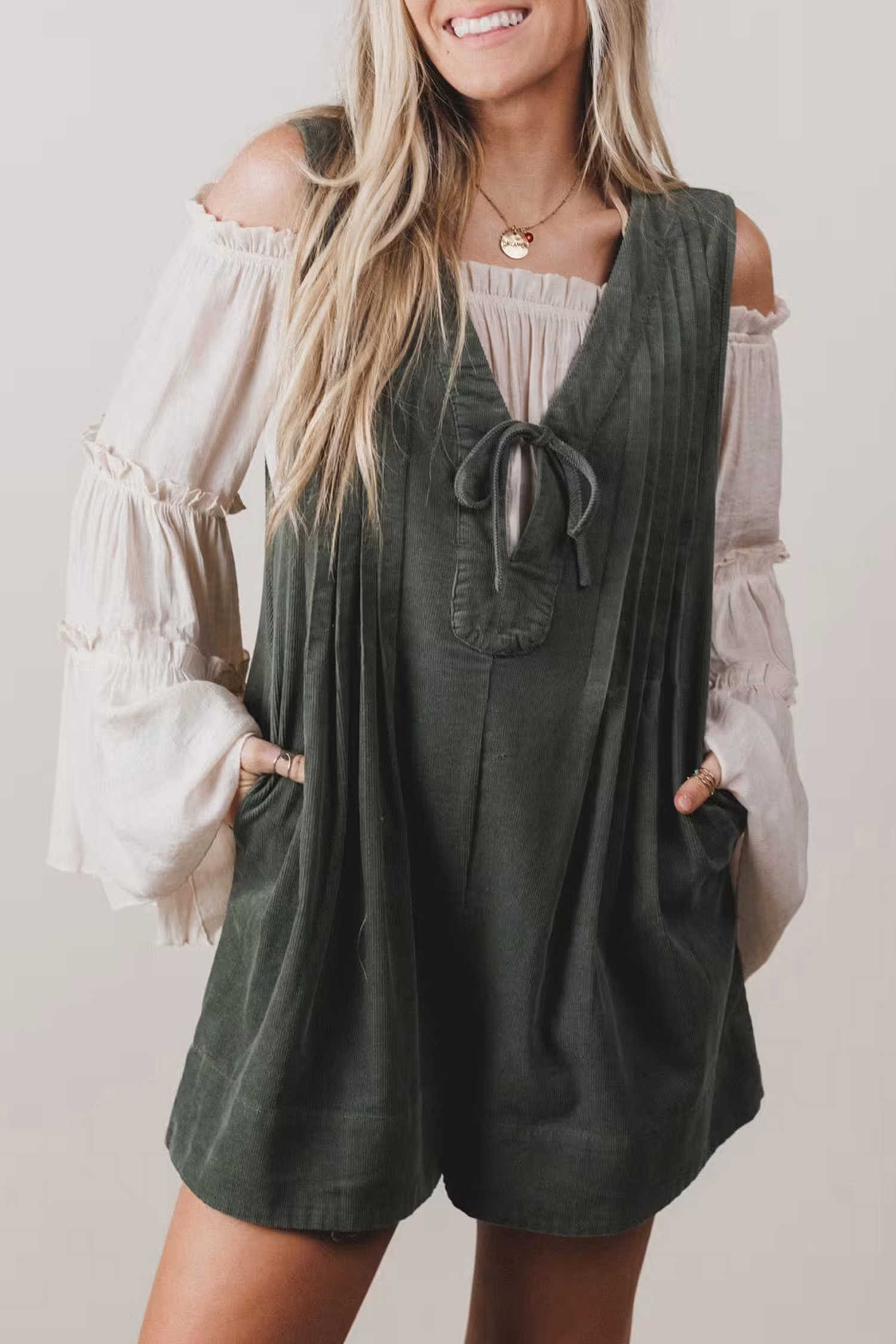 Dark Grey Solid Color Tie V Neck Sleeveless Corduroy Romper