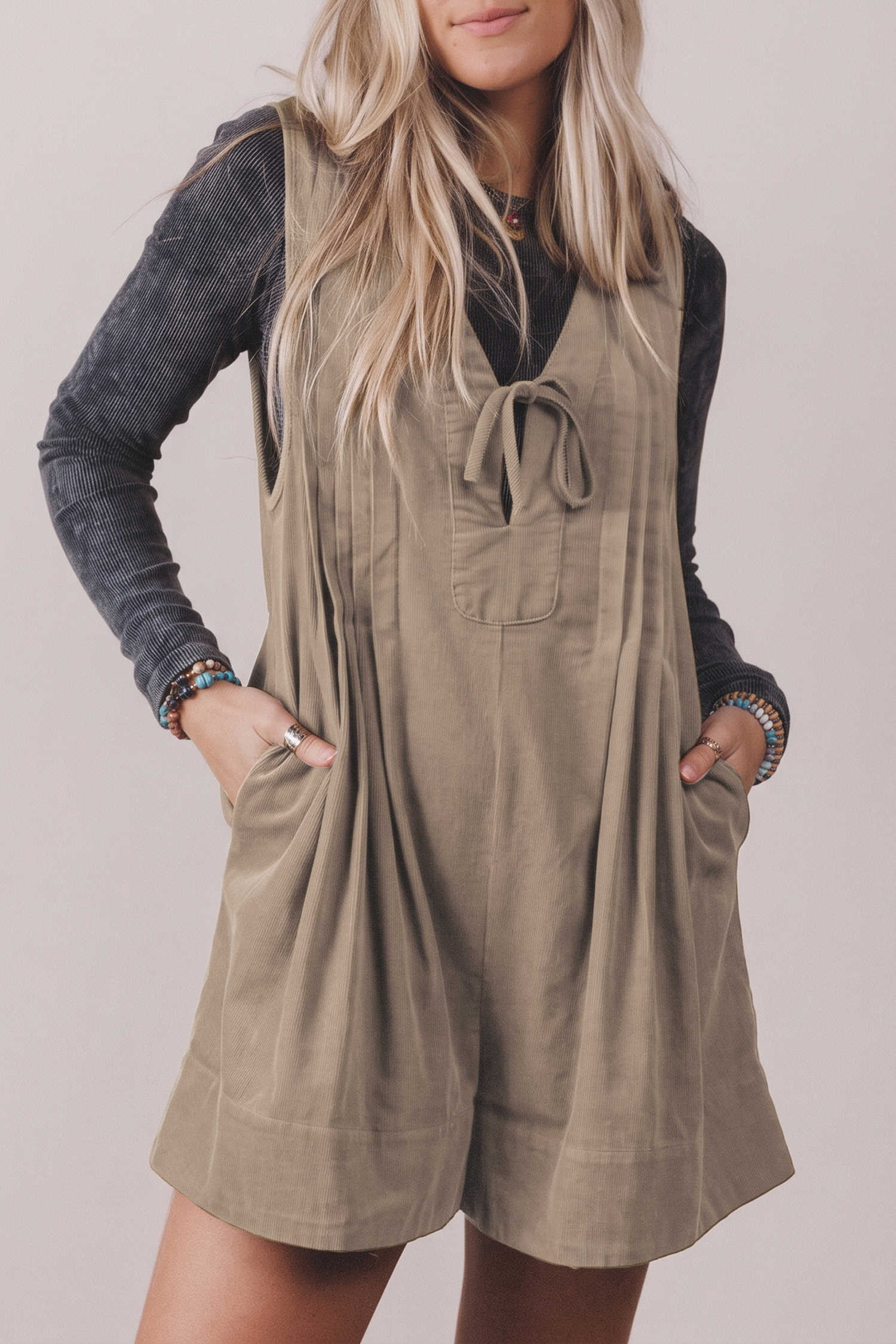 Parchment Solid Color Tie V Neck Sleeveless Corduroy Romper