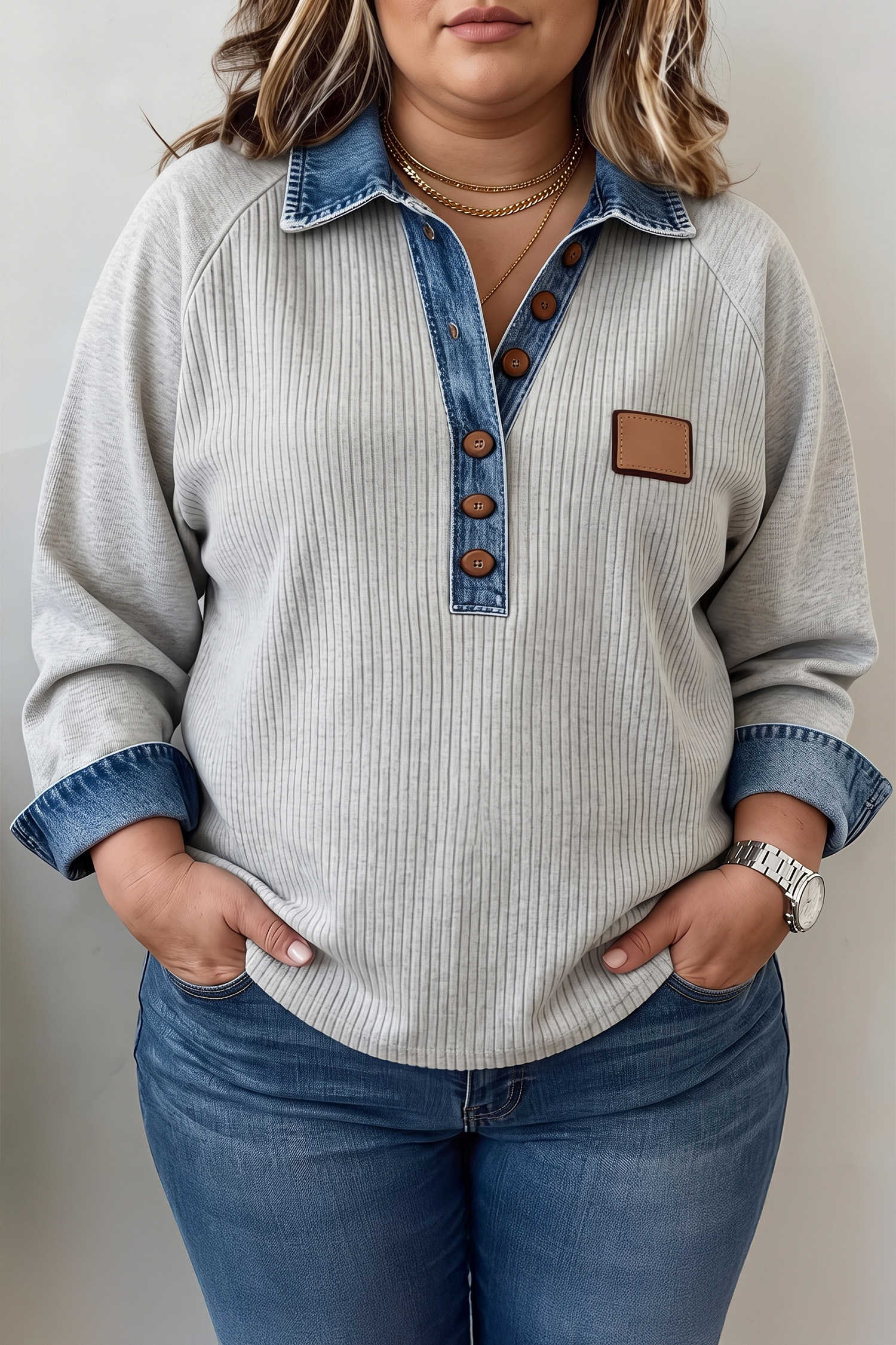 Light Grey V-Neck Long Sleeve Tunic Top with Denim Collar Cuffs Ribbed Texture Plus Size Blouse